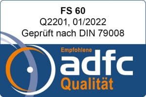 Ein ADFC-Prüfsiegel "FS 60", Q2201, 01/2022, geprüft nach DIN 79008