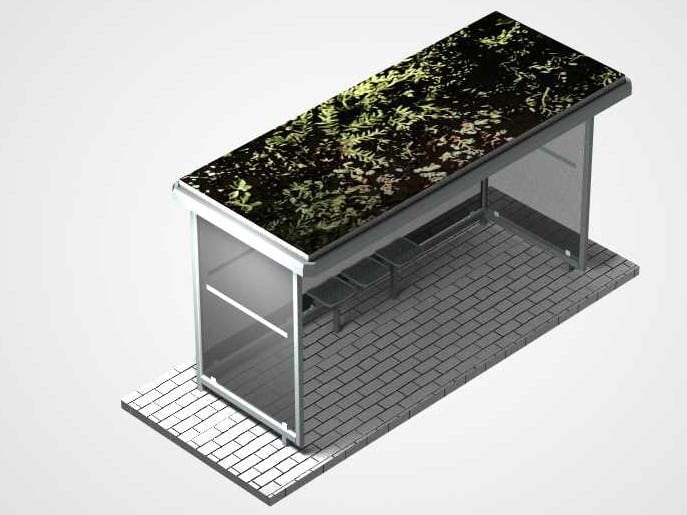 Eine graue Wartehalle mit Dachbegrünung