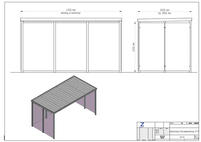 Bauzeichnung einer Fahrradüberdachung der Reihe "FH 10"