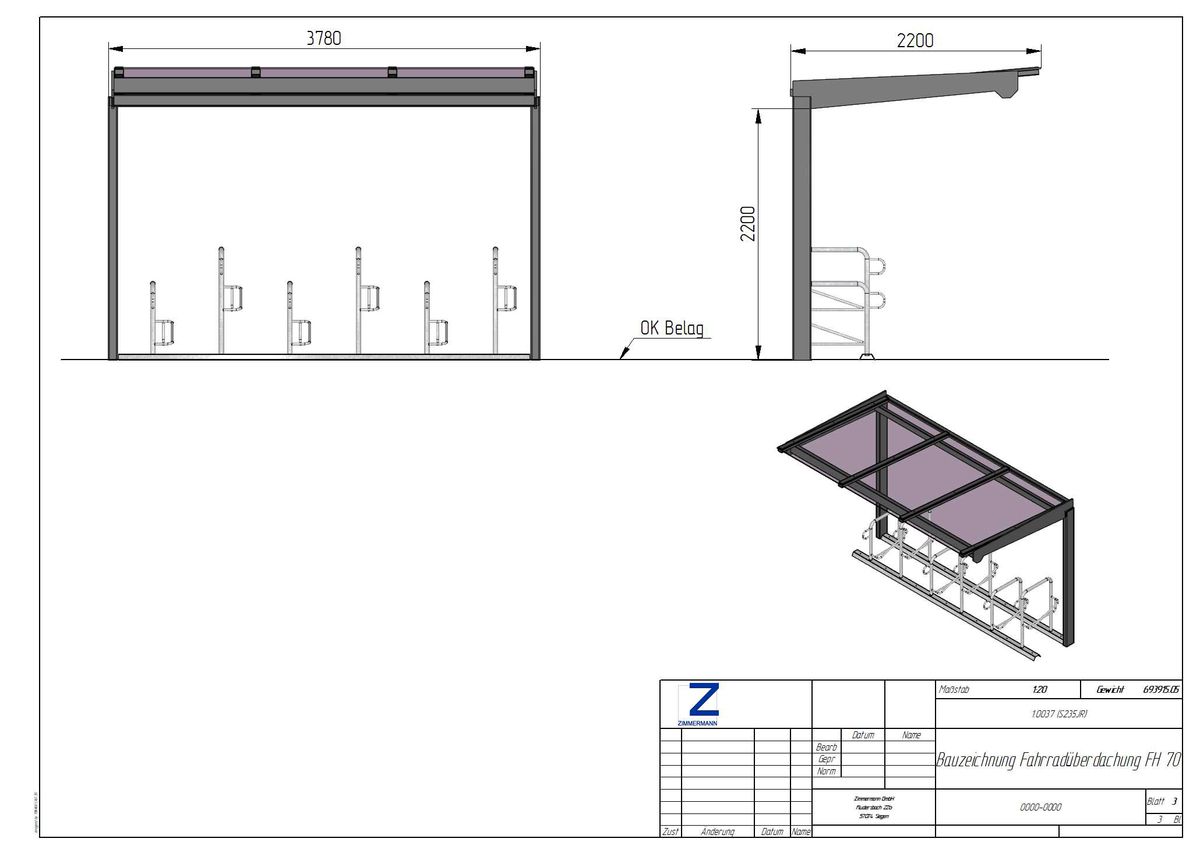 Bauzeichnung einer Fahrradüberdachung der Reihe "FH 70"